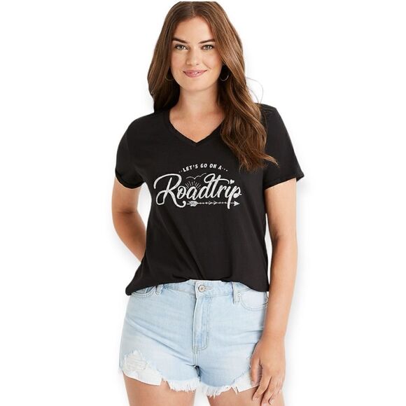 NWT Maurices Black V Neck Roadtrip Graphic Short Sleeve Tee Plus Size 0X - Picture 1 of 7